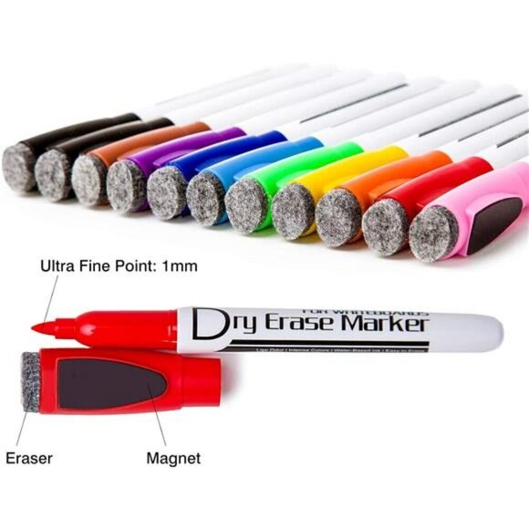 Volcanics Magnetic Dry Wipe Pens Dry Erase Markers With Eraser Cap Pack of 12 - Picture 2 of 5